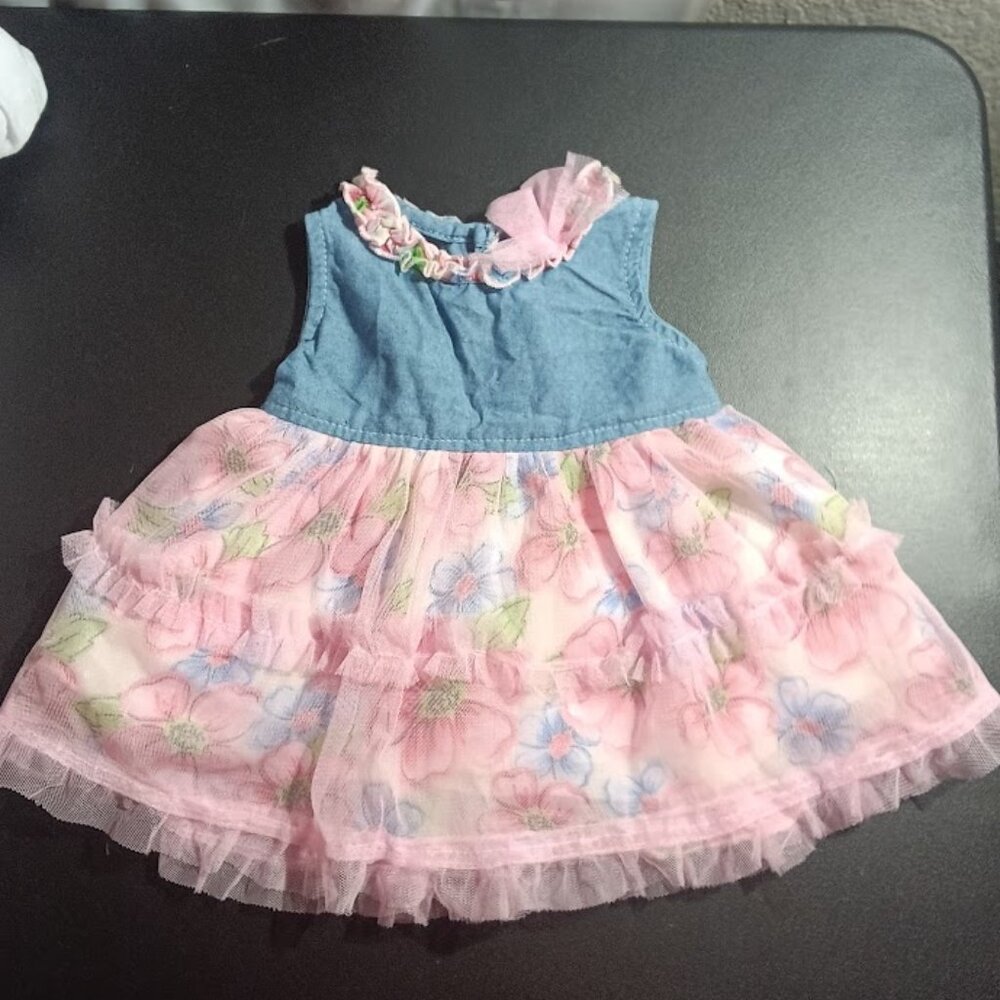 DDG Darlings Denim & Pink Tulle Flower Print Dress Size 12 Months